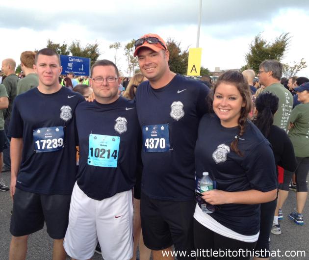 Station Shinnecock Coasties Alger, Eckhoff, Rogers and me. We all took a 6am train to Brooklyn together. Do you like our matching shirts? :-) (PS - Don't mind Eckhoff's "walker" bib.. they ran out of runner's bibs!)